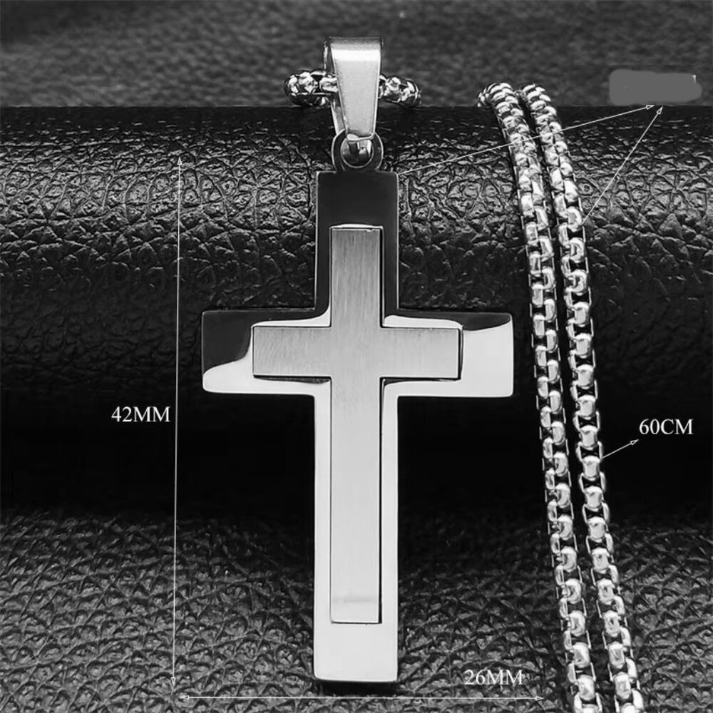 3D Cross Design Crucifix Stainless Steel Silver Color Pendant 23" Chain Jewelry - Picture 2 of 4